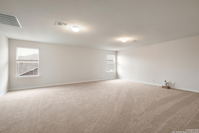 empty room featuring light colored carpet, baseboards, plenty of natural light, and a textured ceiling