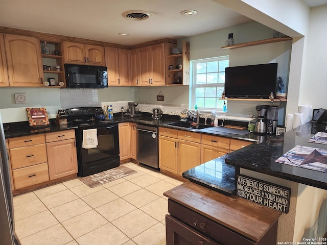 610 N 9th, Carrizo Springs, TX 78834 - kitchen with open shelves, black appliances, a sink, light tile patterned floors, and dark stone countertops
