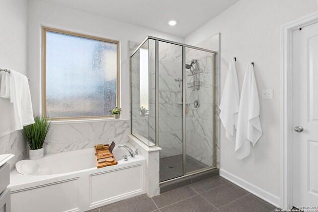 1527 Balcones Fault, New Braunfels, TX 78132 - full bathroom featuring a shower stall, a garden tub, baseboards, and recessed lighting