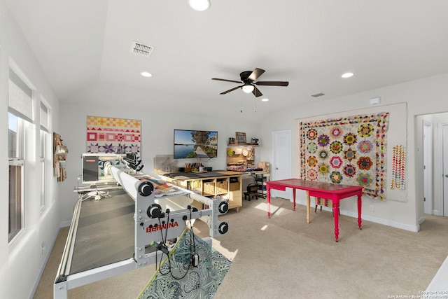 1527 Balcones Fault, New Braunfels, TX 78132 - recreation room with a ceiling fan, recessed lighting, carpet flooring, lofted ceiling, and baseboards