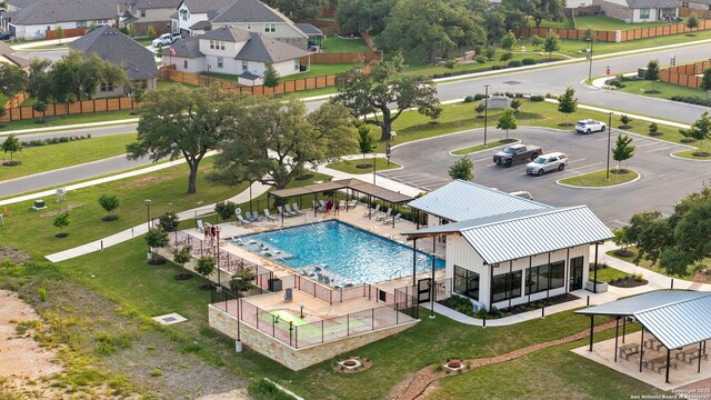 1527 Balcones Fault, New Braunfels, TX 78132 - aerial perspective of suburban area with a pool area