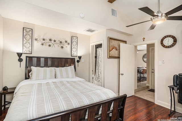 715 E Southcross, San Antonio, TX 78214 - bedroom featuring wood finished floors, ceiling fan, beam ceiling, and high vaulted ceiling