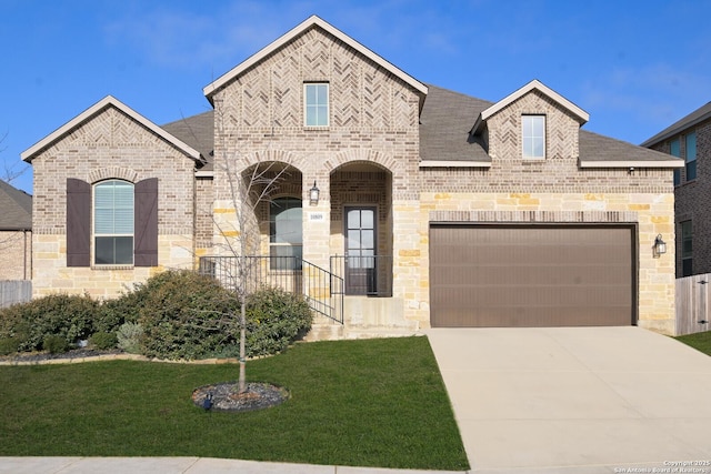 10809 Davis Farms, San Antonio, TX 78254 - french country home featuring brick siding, a front yard, a garage, and driveway