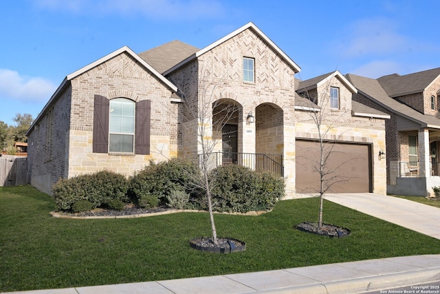 10809 Davis Farms, San Antonio, TX 78254 - french provincial home featuring brick siding, concrete driveway, a front lawn, and stone siding