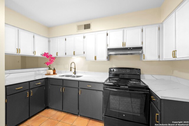6123 Farragut, San Antonio, TX 78238 - kitchen with black range with electric stovetop, under cabinet range hood, a sink, and white cabinetry