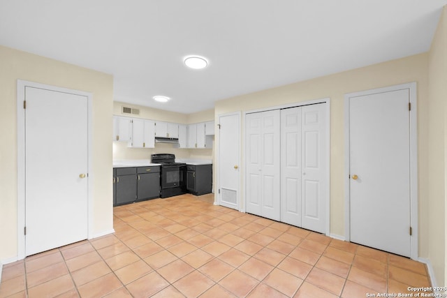 6123 Farragut, San Antonio, TX 78238 - kitchen with black / electric stove, under cabinet range hood, light countertops, white cabinets, and baseboards