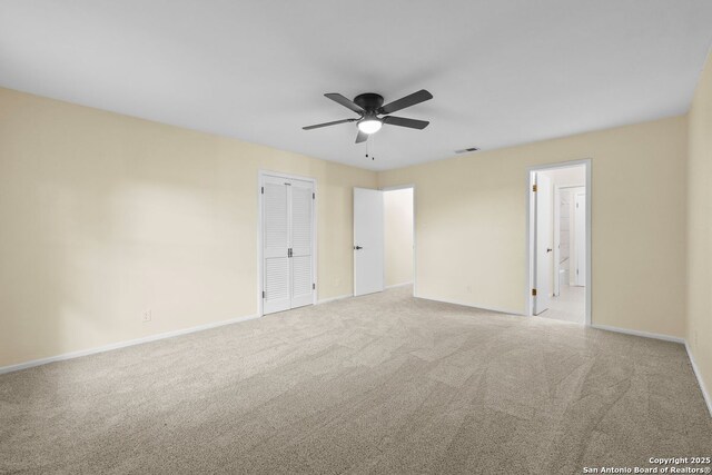6123 Farragut, San Antonio, TX 78238 - unfurnished bedroom featuring baseboards, carpet flooring, a closet, ensuite bath, and ceiling fan