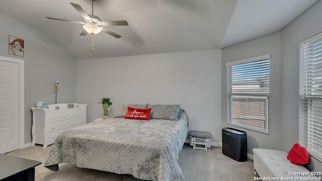 10535 Penelope, Converse, TX 78109 - bedroom featuring lofted ceiling, light carpet, baseboards, and ceiling fan