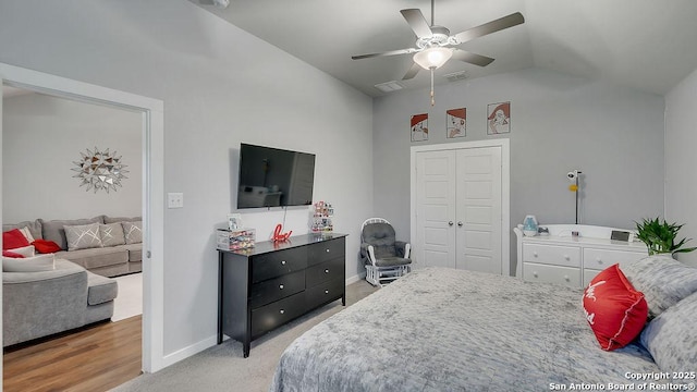 10535 Penelope, Converse, TX 78109 - bedroom featuring vaulted ceiling, baseboards, ceiling fan, a closet, and light colored carpet