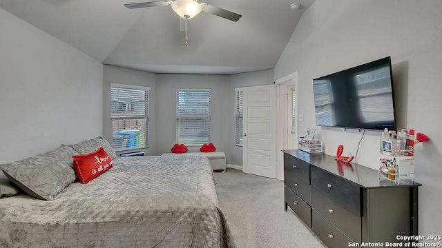 10535 Penelope, Converse, TX 78109 - bedroom featuring light carpet, vaulted ceiling, ceiling fan, and baseboards