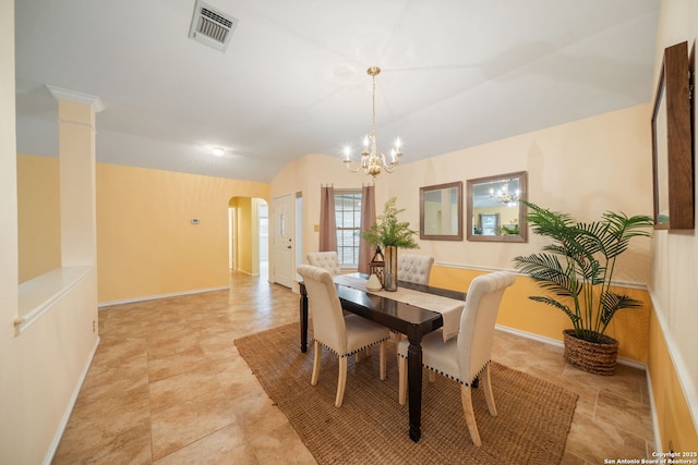 11819 Wheathill, San Antonio, TX 78253 - dining space with arched walkways, a chandelier, vaulted ceiling, and baseboards