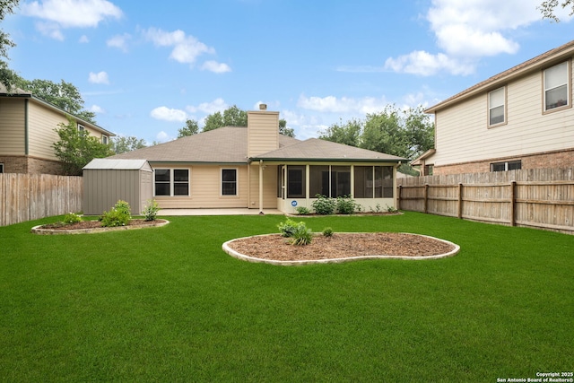 11819 Wheathill, San Antonio, TX 78253 - rear view of property with a storage shed, an outbuilding, a chimney, and a sunroom