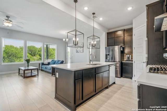 355 Jereth, Castroville, TX 78009 - kitchen featuring a sink, stainless steel appliances, light countertops, ceiling fan, and dark brown cabinets
