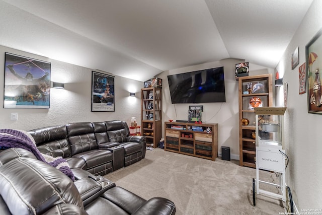 29121 Ismorada, San Antonio, TX 78260 - carpeted living area featuring vaulted ceiling and a textured wall