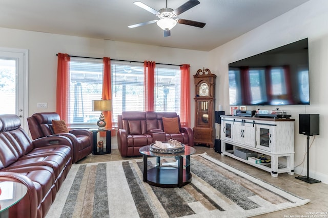 29121 Ismorada, San Antonio, TX 78260 - living area with a ceiling fan, tile patterned floors, and baseboards