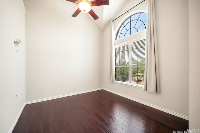 17026 Darien Wing, San Antonio, TX 78247 - empty room featuring a ceiling fan, baseboards, hardwood / wood-style floors, and lofted ceiling