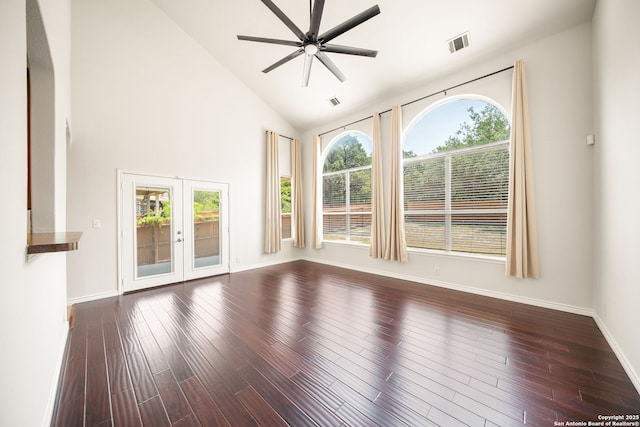 17026 Darien Wing, San Antonio, TX 78247 - unfurnished living room with healthy amount of natural light, ceiling fan, wood finished floors, and high vaulted ceiling