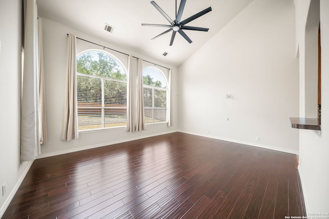 17026 Darien Wing, San Antonio, TX 78247 - spare room with a ceiling fan, dark wood-style flooring, baseboards, and high vaulted ceiling