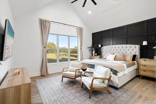 187 Stone Loop, Castroville, TX 78009 - bedroom with high vaulted ceiling, light wood finished floors, a ceiling fan, baseboards, and recessed lighting