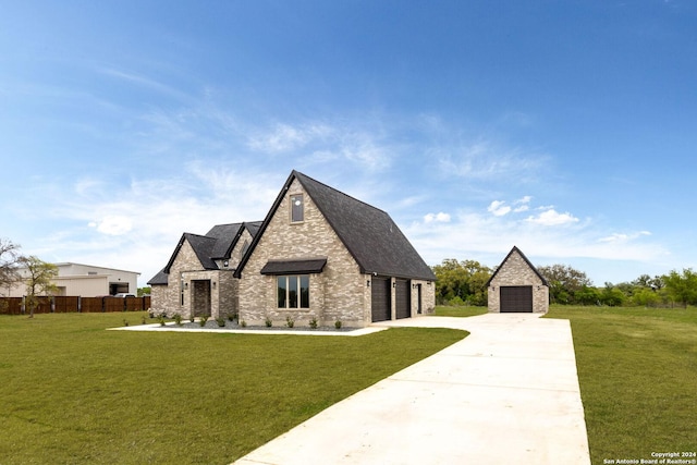 187 Stone Loop, Castroville, TX 78009 - view of front of home featuring a garage, brick siding, roof with shingles, and an outbuilding