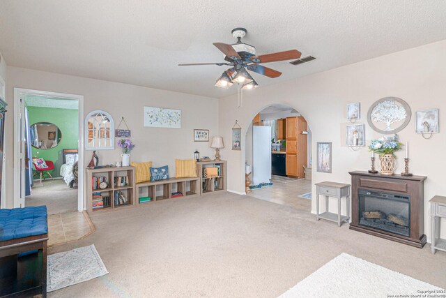 926 Zwicke, Seguin, TX 78155 - carpeted living room with arched walkways and ceiling fan