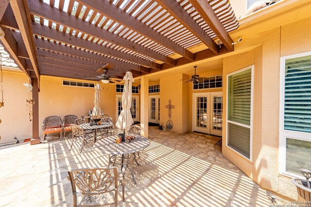 19114 Autumn, San Antonio, TX 78258 - view of patio featuring french doors, a ceiling fan, outdoor dining area, and a pergola