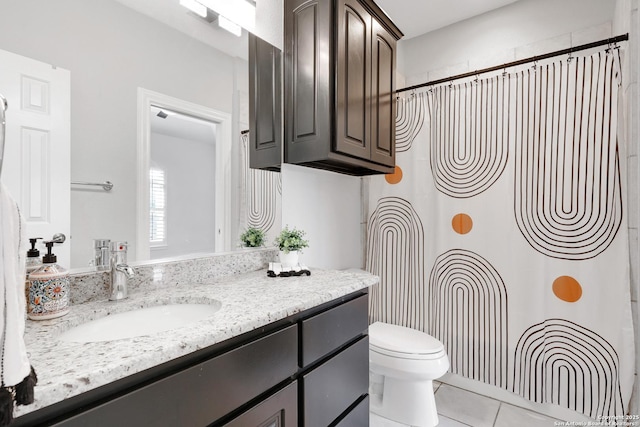 7 Caleb Cir, San Antonio, TX 78258 - bathroom with tile patterned flooring, vanity, toilet, and a shower with shower curtain