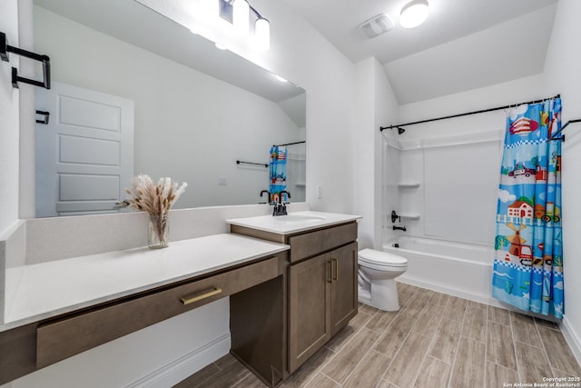12531 Yancey, San Antonio, TX 78253 - full bathroom featuring toilet, vanity, wood finished floors, shower / bathtub combination with curtain, and vaulted ceiling
