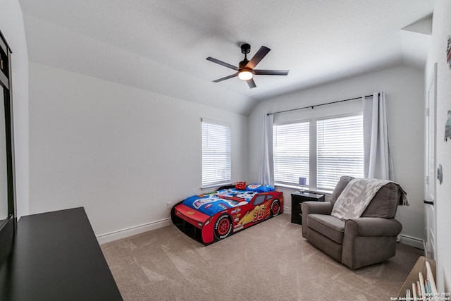12531 Yancey, San Antonio, TX 78253 - carpeted bedroom featuring lofted ceiling, baseboards, and ceiling fan
