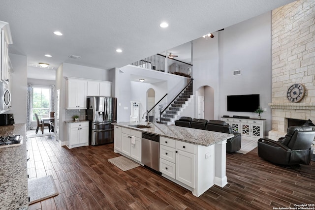 27210 Camellia, Boerne, TX 78015 - kitchen with appliances with stainless steel finishes, open floor plan, arched walkways, a sink, and dark wood-type flooring