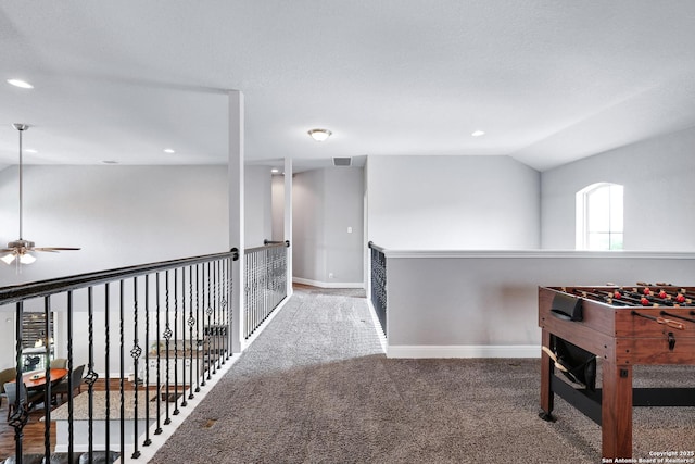 27210 Camellia, Boerne, TX 78015 - hallway with carpet floors, baseboards, lofted ceiling, and recessed lighting