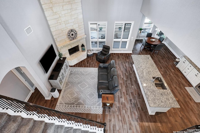 27210 Camellia, Boerne, TX 78015 - living room featuring wood finished floors, baseboards, plenty of natural light, a stone fireplace, and a high ceiling