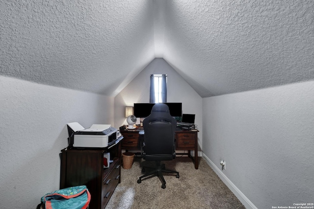 27210 Camellia, Boerne, TX 78015 - carpeted home office with vaulted ceiling, a textured ceiling, a textured wall, and baseboards