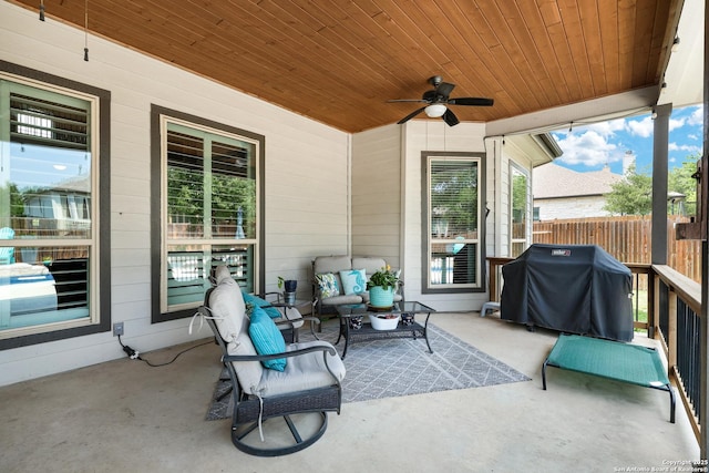 27210 Camellia, Boerne, TX 78015 - view of patio featuring area for grilling, a ceiling fan, an outdoor hangout area, and fence