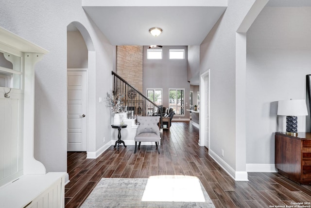 27210 Camellia, Boerne, TX 78015 - entrance foyer with wood finished floors, stairs, baseboards, and a high ceiling