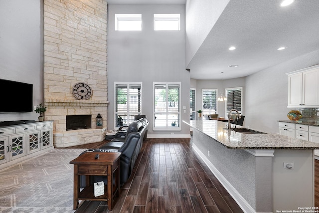 27210 Camellia, Boerne, TX 78015 - living area featuring dark wood-style flooring, a stone fireplace, healthy amount of natural light, recessed lighting, and a high ceiling