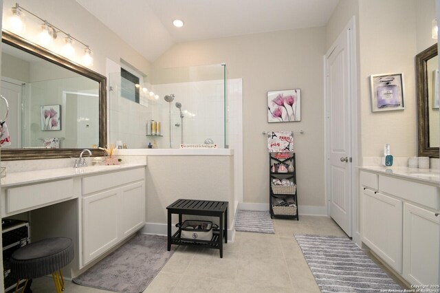 4609 Shackelford, Schertz, TX 78108 - bathroom featuring a walk in shower, tile patterned floors, vanity, and vaulted ceiling