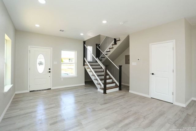 656 Canyon Cir, Canyon Lake, TX 78133 - entryway featuring stairway, light wood-type flooring, baseboards, and recessed lighting