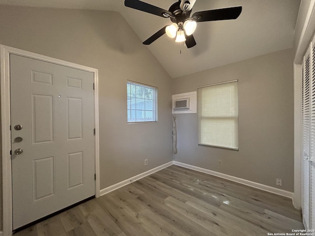 270 Oelkers, San Antonio, TX 78204 - unfurnished bedroom featuring lofted ceiling, wood finished floors, baseboards, and a ceiling fan