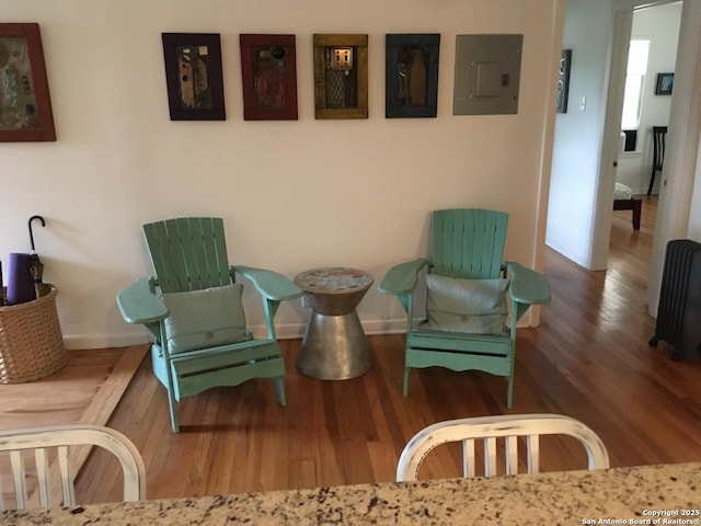 345 Westminster, San Antonio, TX 78228 - sitting room with electric panel, wood finished floors, baseboards, and radiator