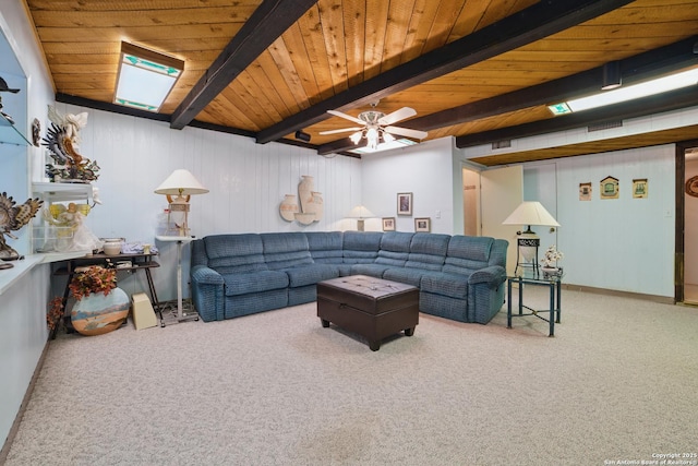 4006 Glenrock, San Antonio, TX 78240 - carpeted living room with beamed ceiling, a ceiling fan, wood ceiling, and wooden walls