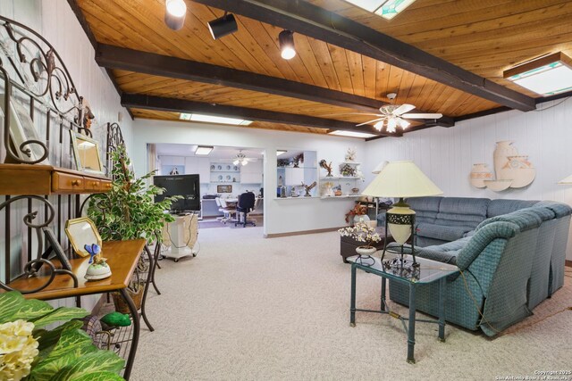 4006 Glenrock, San Antonio, TX 78240 - carpeted living area featuring ceiling fan, beamed ceiling, and wood ceiling
