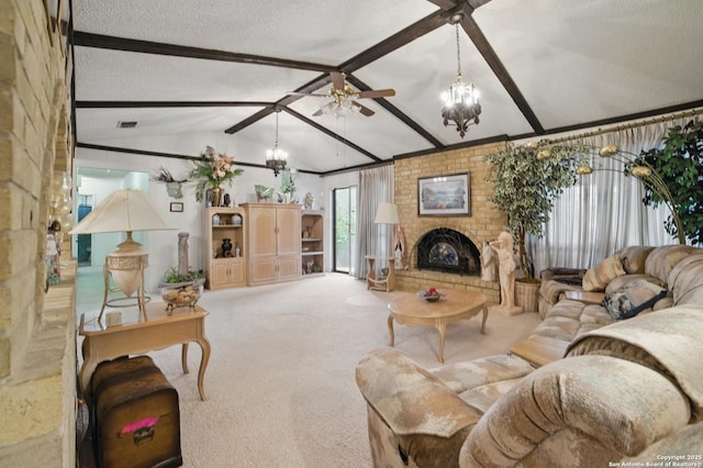 4006 Glenrock, San Antonio, TX 78240 - living area featuring a fireplace, carpet floors, a ceiling fan, a chandelier, and a textured ceiling