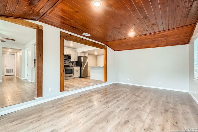 1022 Vickers Ave, San Antonio, TX 78211 - unfurnished room featuring wooden ceiling, ceiling fan, light wood-style floors, baseboards, and lofted ceiling