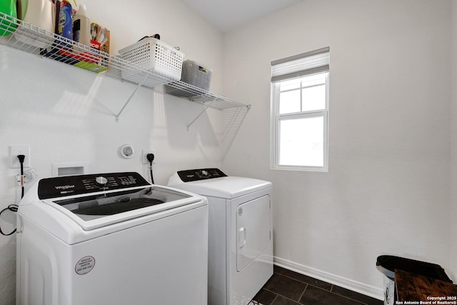 7910 Asp Pt, San Antonio, TX 78253 - clothes washing area featuring washing machine and dryer, baseboards, and dark tile patterned floors
