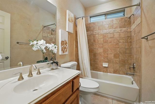 143 Roseheart, San Antonio, TX 78259 - full bath featuring shower / bath combo with shower curtain, vanity, tile patterned flooring, and a textured wall