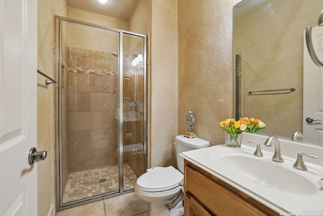 143 Roseheart, San Antonio, TX 78259 - full bathroom featuring a textured wall, vanity, a stall shower, and tile patterned flooring