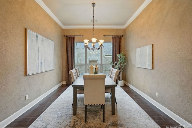 143 Roseheart, San Antonio, TX 78259 - dining space featuring a textured wall, dark wood-style flooring, a chandelier, and crown molding