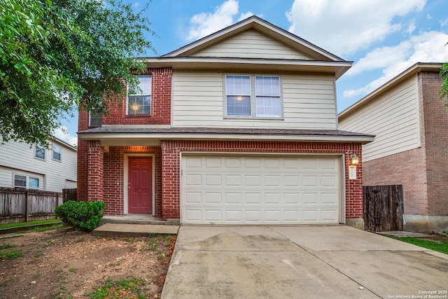 11023 Gilpin, Helotes, TX 78023 - view of front facade with brick siding, fence, concrete driveway, and an attached garage