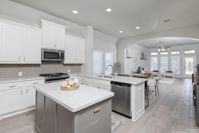 14703 Running Wolf, San Antonio, TX 78245 - kitchen with appliances with stainless steel finishes, a sink, arched walkways, a peninsula, and ceiling fan
